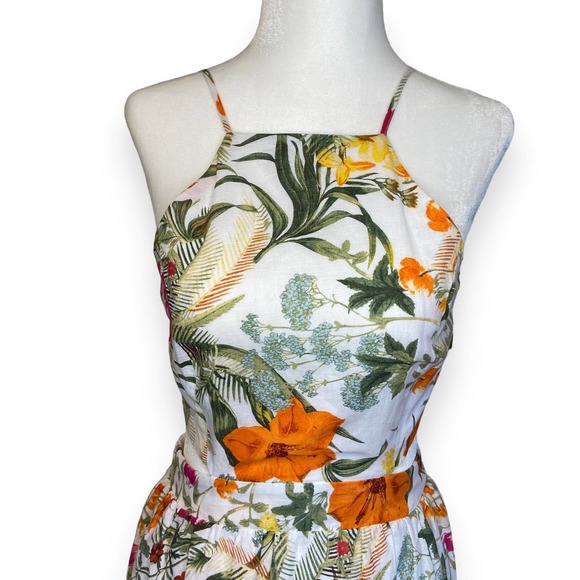 Chelsea & Violet Tropical Floral Print Tiered Midi Dress Linen Blend Tie Back - Picture 9 of 12